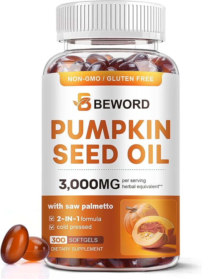 Pumpkin Seed Oil with Saw Palmetto Softgels, 3000mg Per Serving, 300/600 Softgels | Cold-Pressed with Essential Fatty Acids & Phytosterols | Supports Hair, Urinary, Bladder & Prostate Health | Non-GMO
