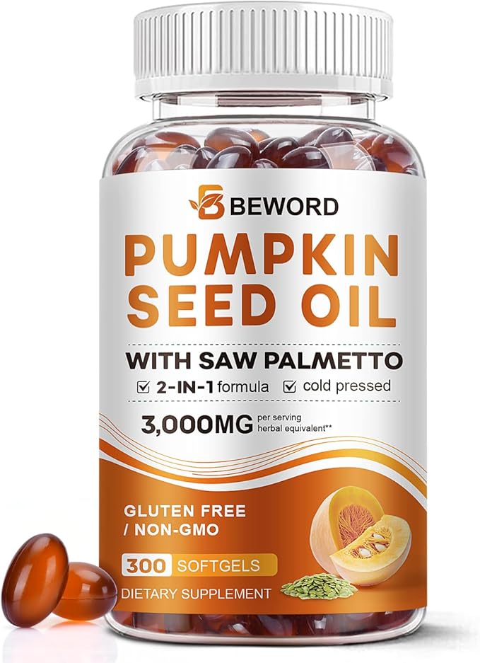 Pumpkin Seed Oil with Saw Palmetto Capsules, 3000mg/serving, 300 Softgels | Cold Pressed, Pure Virgin Oil, Essential Fatty Acids & Phytosterols | Supports Hair, Urinary, Bladder & Prostate Health