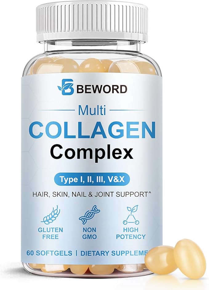 Multi Collagen Softgels for Women & Men, 60 Capsules - Type I,II,III,V,X Hydrolyzed Collagen w/Vitamin C & Hyaluronic Acid - Supports Skin, Hair, Nails, Joints - Grass-Fed, Non-GMO