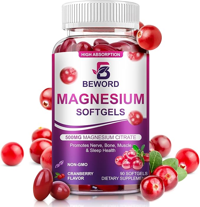 Magnesium Citrate Softgels 500mg, 90 Capsules - with Calcium, Vitamin D3+K2, B6 & Cranberry Extract | Zzz Support, Calm Support Balance, Muscle & Bone Health | Non-GMO Vegan Softgel