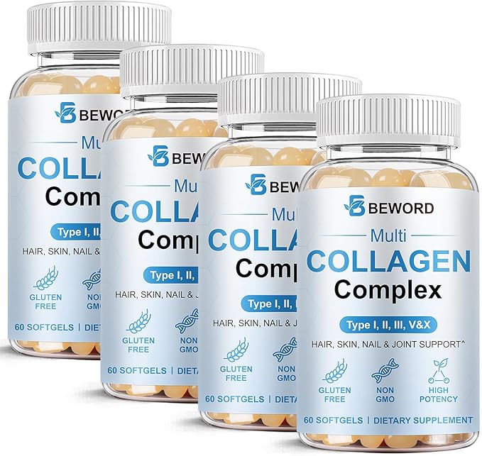 Multi Collagen Softgels for Women & Men, 60 Capsules - Type I,II,III,V,X Hydrolyzed Collagen w/Vitamin C & Hyaluronic Acid - Supports Skin, Hair, Nails, Joints - Grass-Fed, Non-GMO