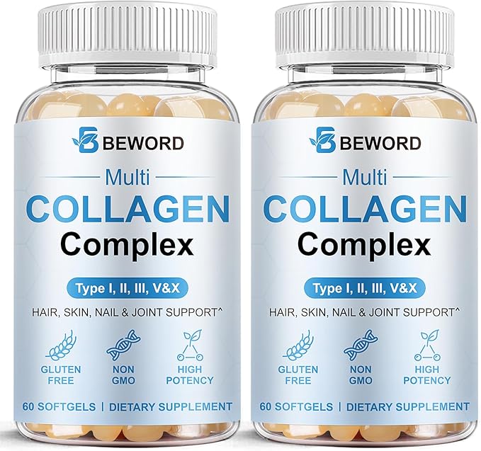 Multi Collagen Softgels for Women & Men, 60 Capsules - Type I,II,III,V,X Hydrolyzed Collagen w/Vitamin C & Hyaluronic Acid - Supports Skin, Hair, Nails, Joints - Grass-Fed, Non-GMO