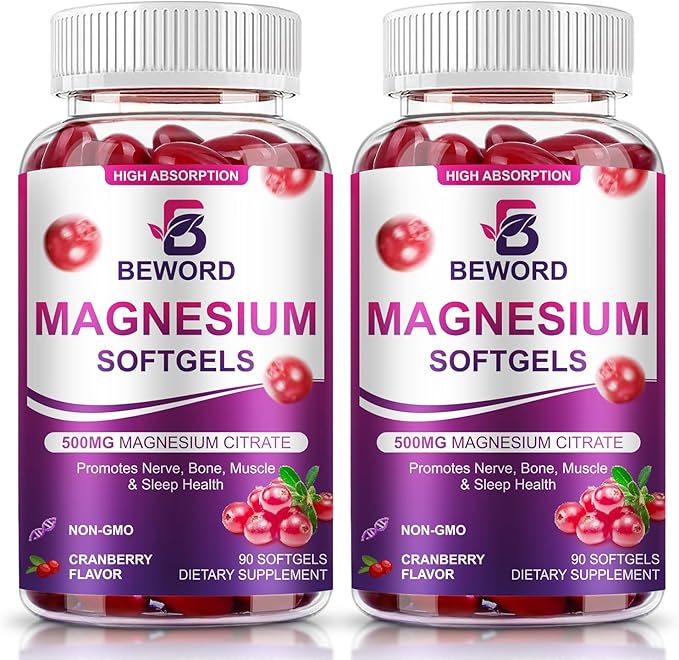 Magnesium Citrate Softgels 500mg, 90 Capsules - with Calcium, Vitamin D3+K2, B6 & Cranberry Extract | Zzz Support, Calm Support Balance, Muscle & Bone Health | Non-GMO Vegan Softgel