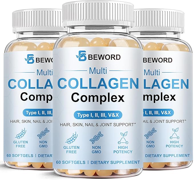 Multi Collagen Softgels for Women & Men, 60 Capsules - Type I,II,III,V,X Hydrolyzed Collagen w/Vitamin C & Hyaluronic Acid - Supports Skin, Hair, Nails, Joints - Grass-Fed, Non-GMO